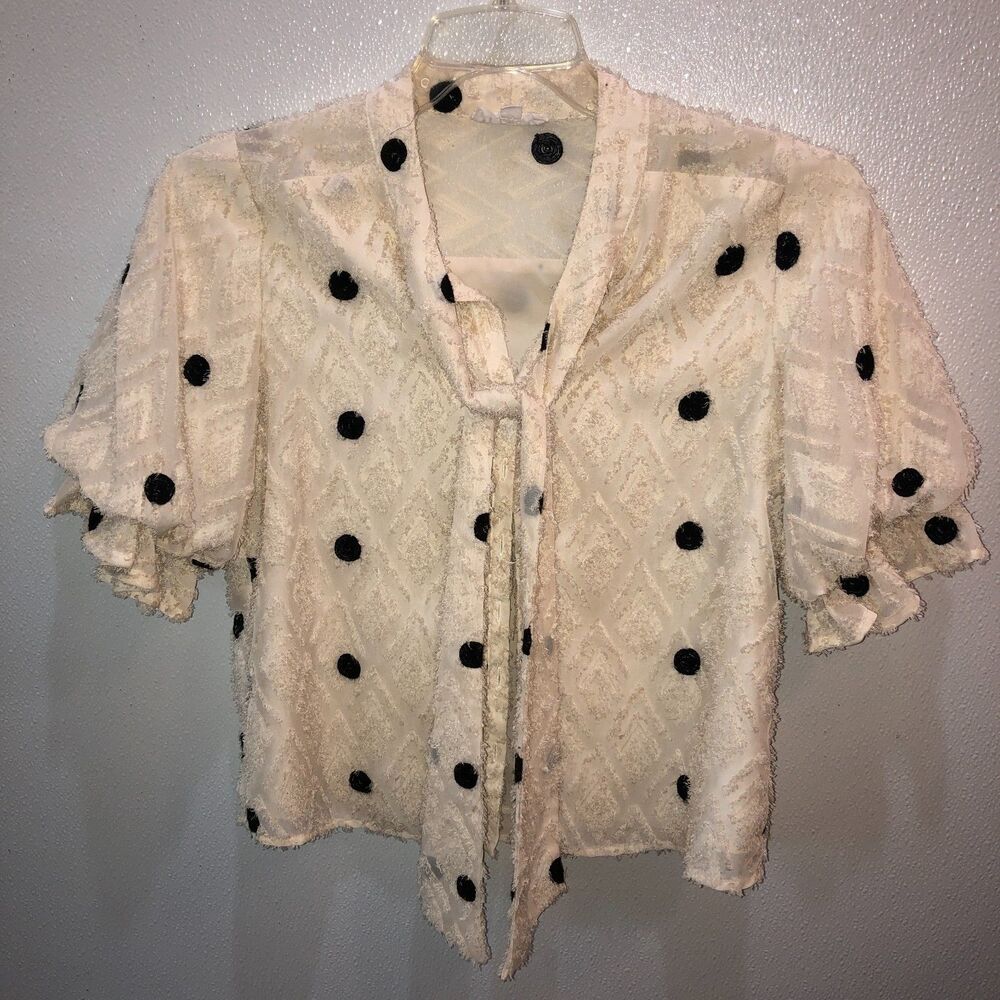 THML Womens XS Cream Black Dot Textured Jacquard Tie Front Blouse Top Damage - Picture 8 of 11
